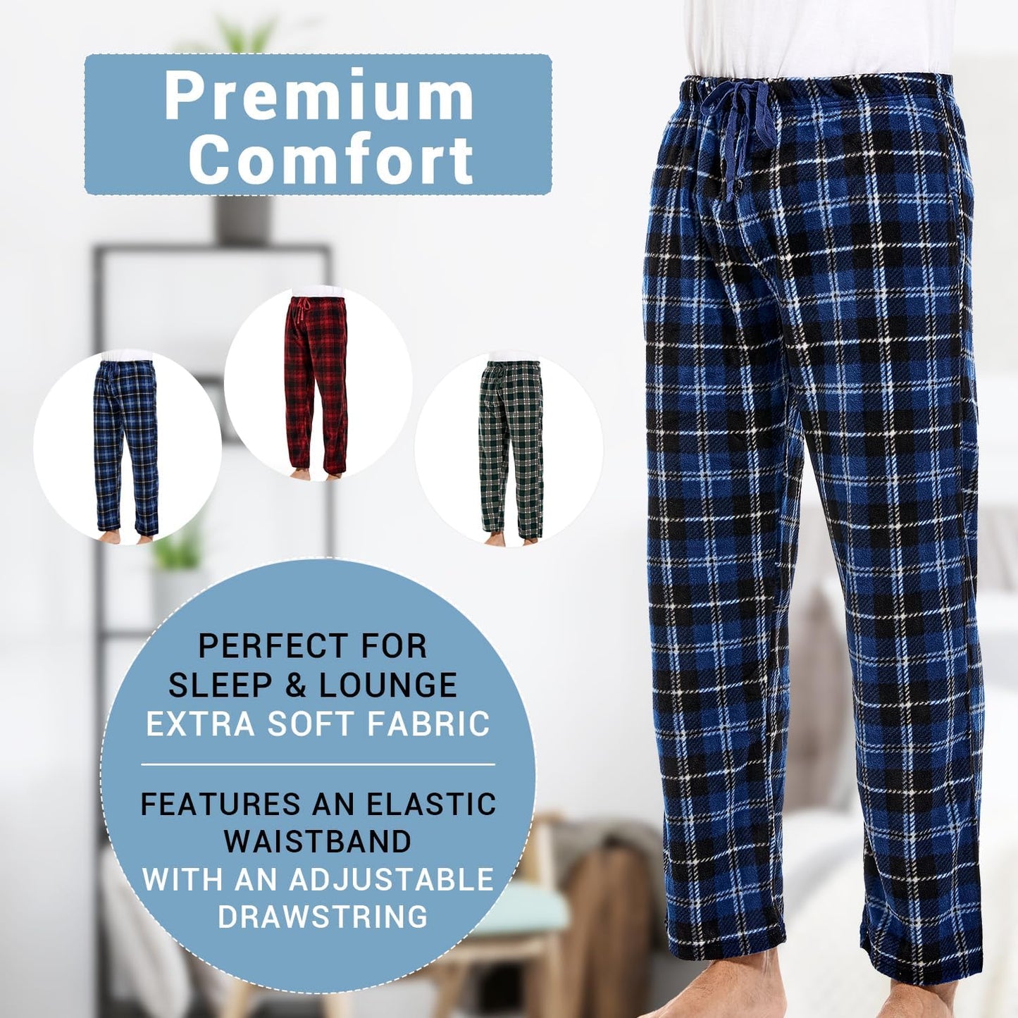 1Pack or 3Pack Mens PJ Pajama Pants Bottoms Fleece Lounge Pants Sleepwear Plaid Pjs with Pockets Microfleece